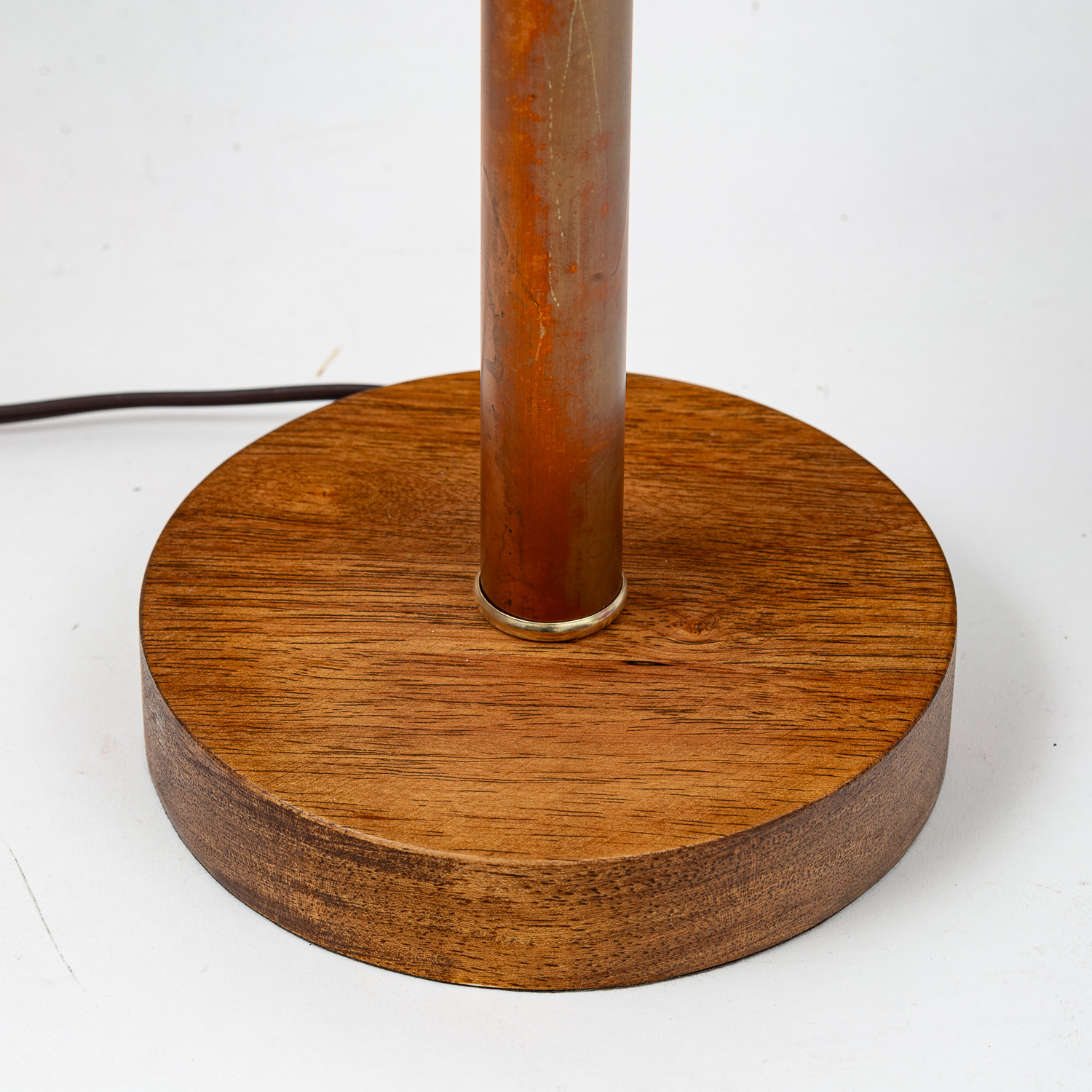 184: Stained oak lamp base 6.5 inches in diameter with antique copper pipe
